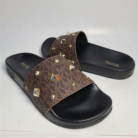 michael kors gilmore slides brown|Gilmore Studded Logo Slide Sandal .